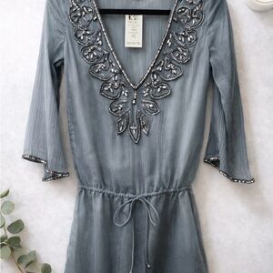 Arden B Gray Tunic with Embellished Neckline
